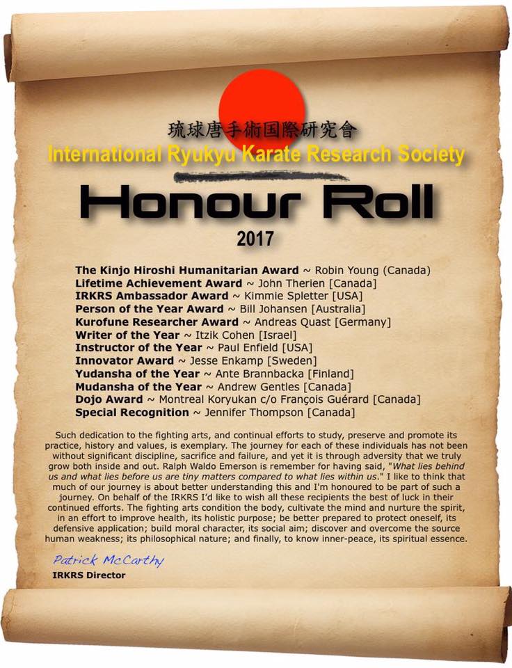 International Ryukyu Karate Research Society / Honour Roll - Writer of the year 2017 International Ryukyu Karate Research Society / Honour Roll - Writer of the year 2017